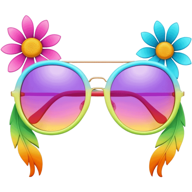 3D, psychedelic colored sunglasses with hippie style flowers emoji