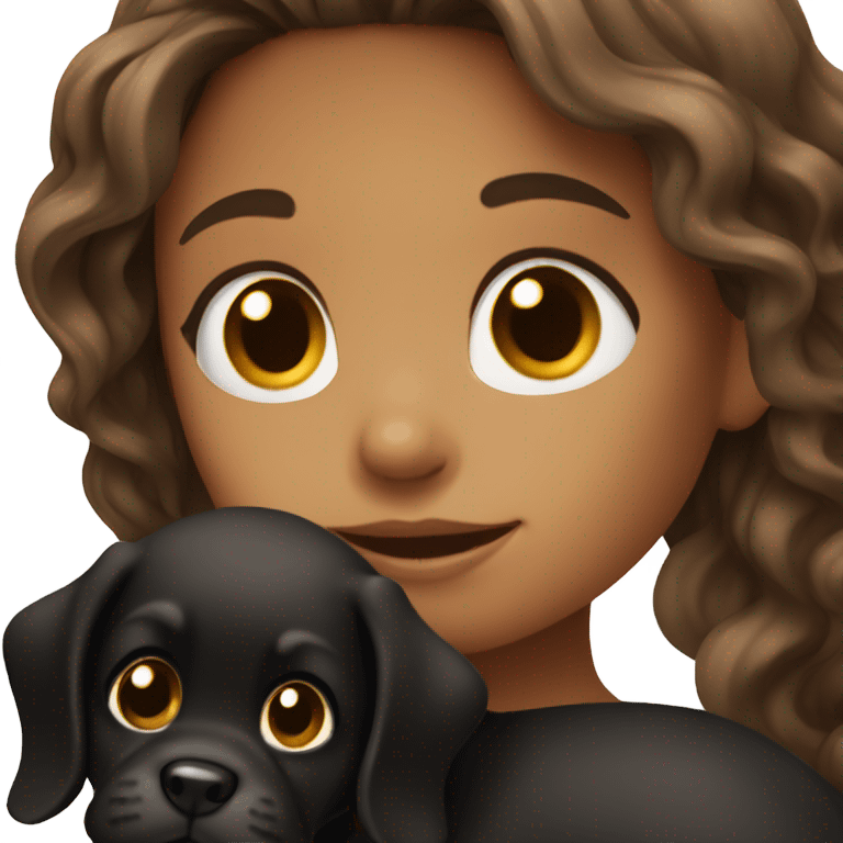 Girl with long wavy brown hair holding black puppy emoji