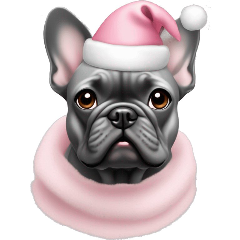 Solid Gray French bulldog with light pink Santa hat emoji