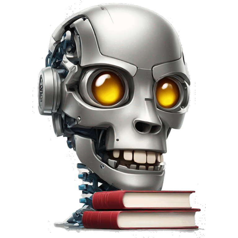 robotic metallic mechanical head with books sticking out of skull emoji