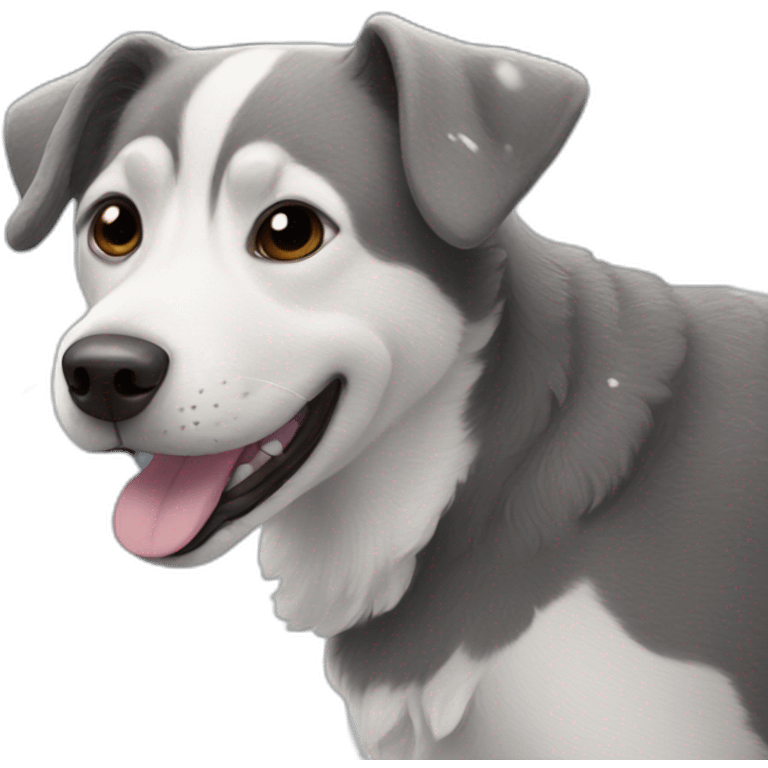 dog without breed, gray, on the background of snow, smiling emoji