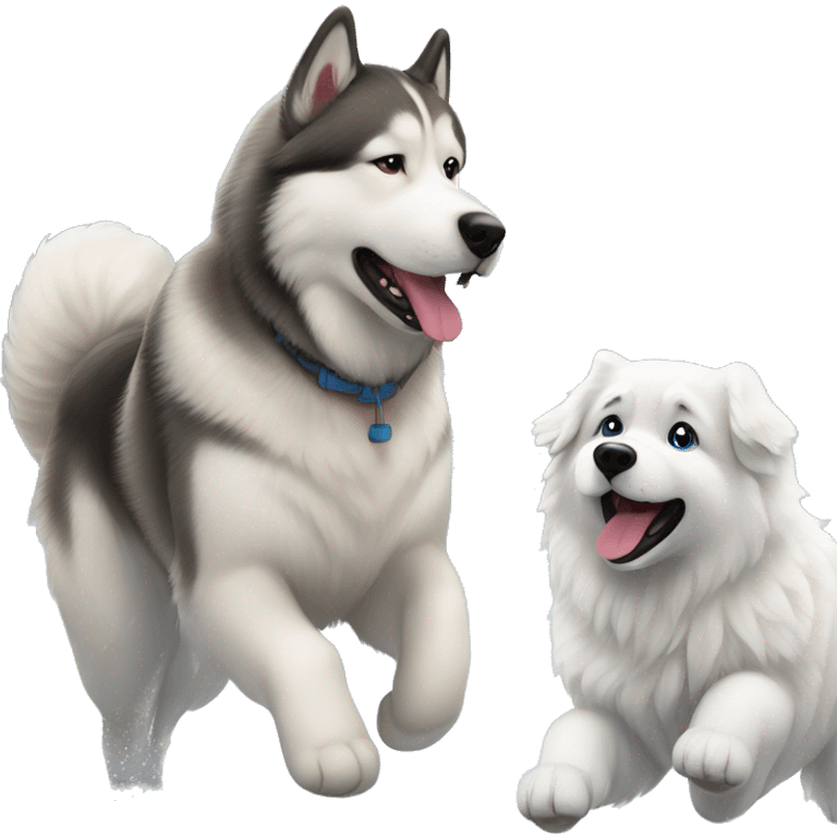 Alaskan malamute and Great Pyrenees playing In the snow emoji