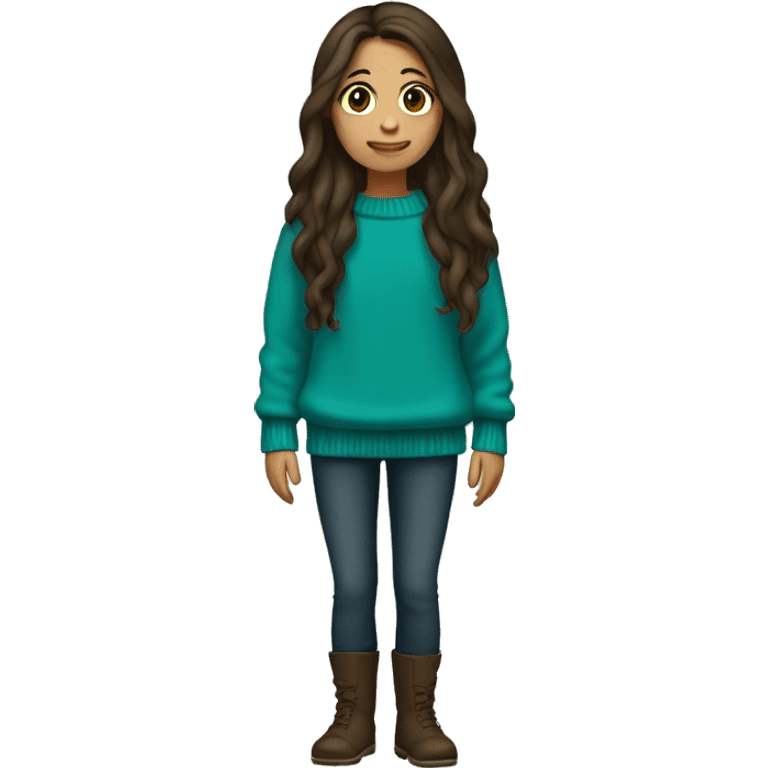 winter, christmas, hispanic, long brown hair, girl, brown eyes, child, full body, teal sweater emoji