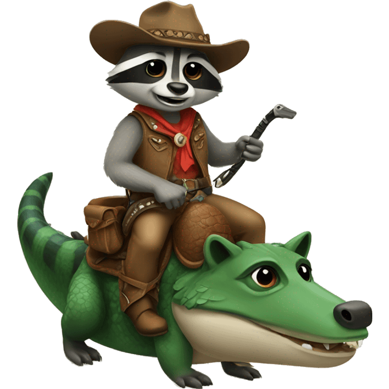 Cowboy raccoon riding an alligator  emoji