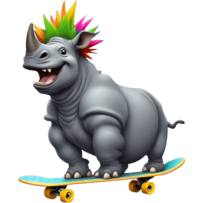 a rhino with ￼crazy hair on a skateboard  emoji