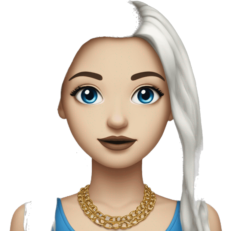 Hyperrealistic white girl with blue eyes and long black hair with rainbow fringe. Wearing gold chain necklace has dark eye makeup on her eyes emoji