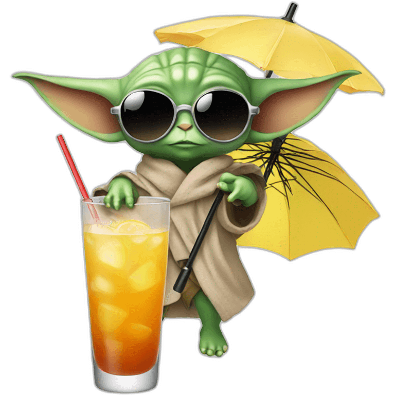 baby Yoda wearing sunglasses and drinking an umbrella cocktail emoji