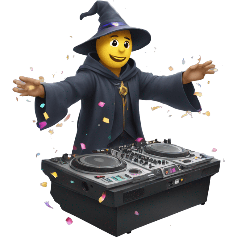 A wizard playing a DJ decks with confetti falling around him emoji