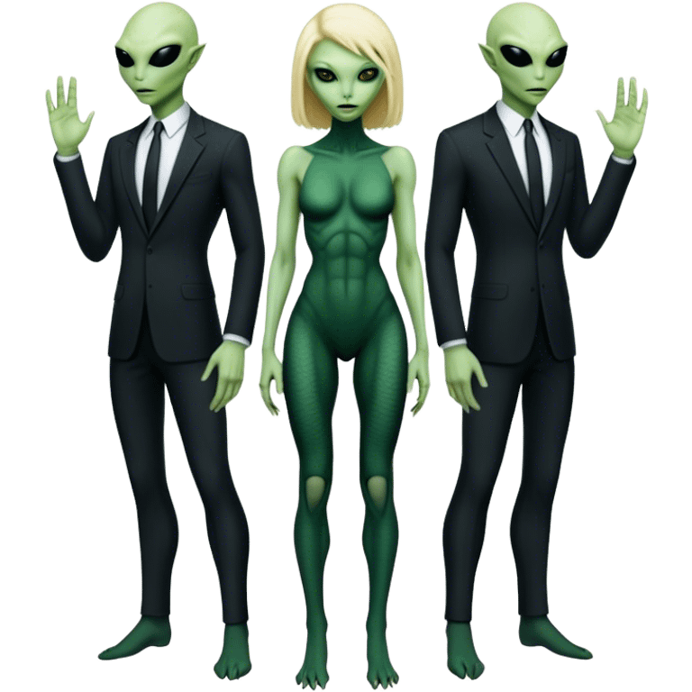 a blonde reptilian alien woman as men in black, full body, full figure emoji