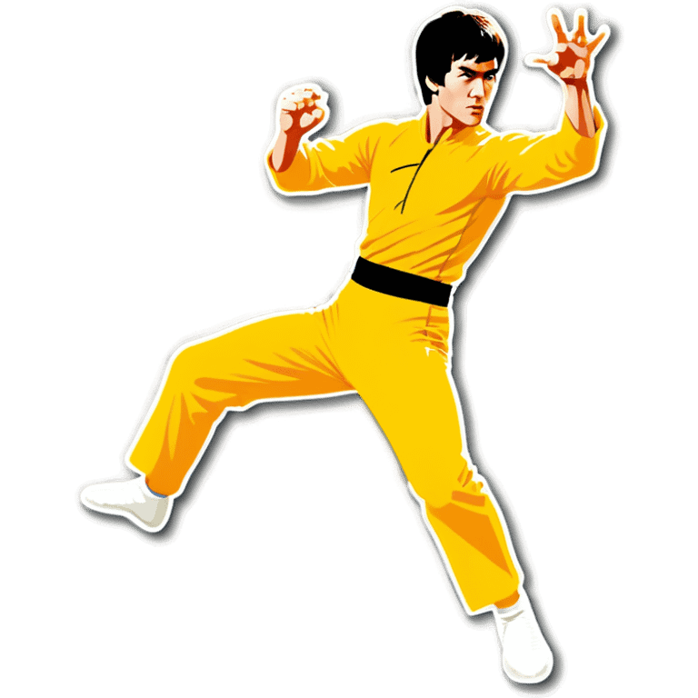 Bruce Lee in a kick pose with right open palm emoji