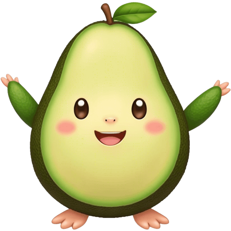 Cute Kawaii Avocado, round and cuddly, soft green with a tiny brown pit, blushing cheeks, a joyful smile, tiny arms outstretched, a warm and healthy glow! emoji