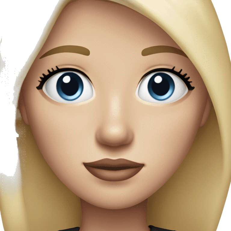 a woman with freckles, blue eyes, light skin, blonde hair and dark roots, pink lips. black clothes. emoji