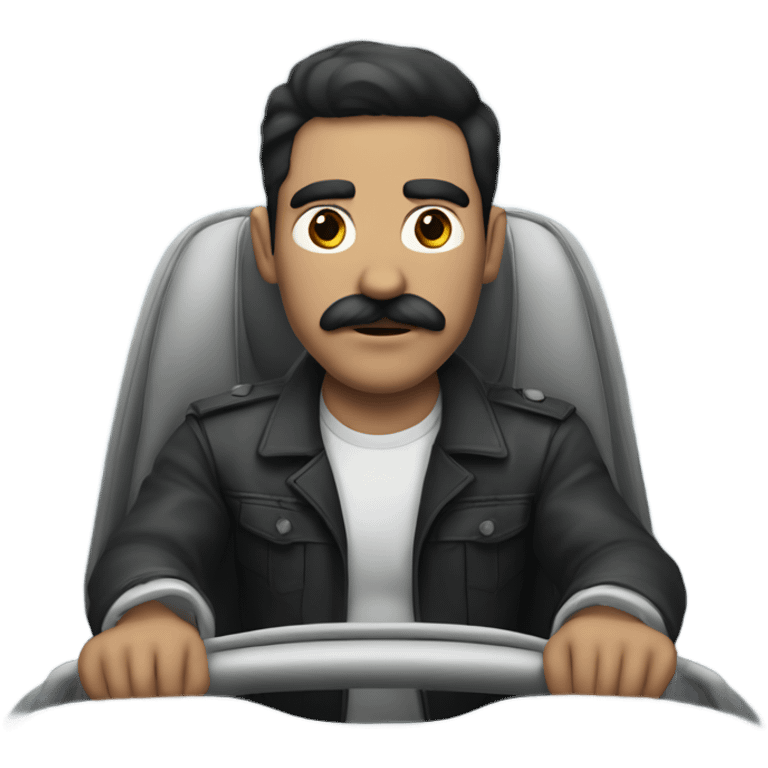 dark hair dark eye man with mustache sitting in car emoji