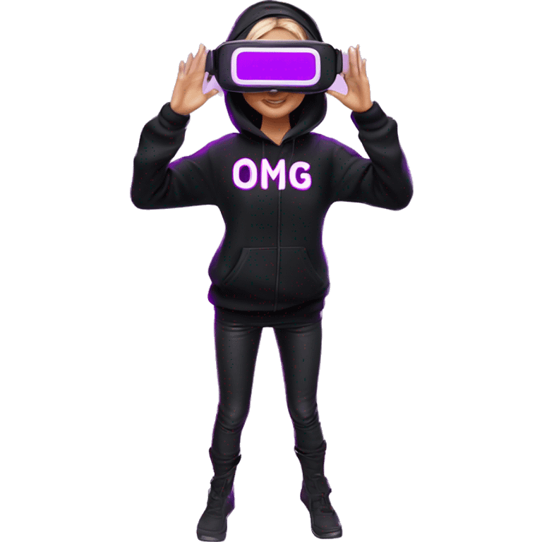 Russian girl wearing black hoody with violet letters "OMG", in vr headset oculus quest2. Standing like jedi. Cyberpunk style. Violet neon. emoji