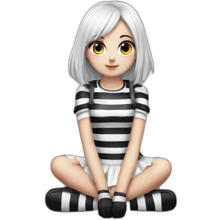 Hyperrealistic Frontal view curvy emo girl sits white skirt striped stockings hands up emoji