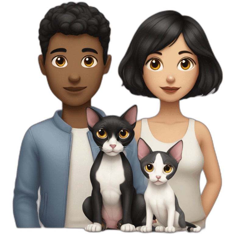 short black hair girl and white boy with their two sphynx cats emoji