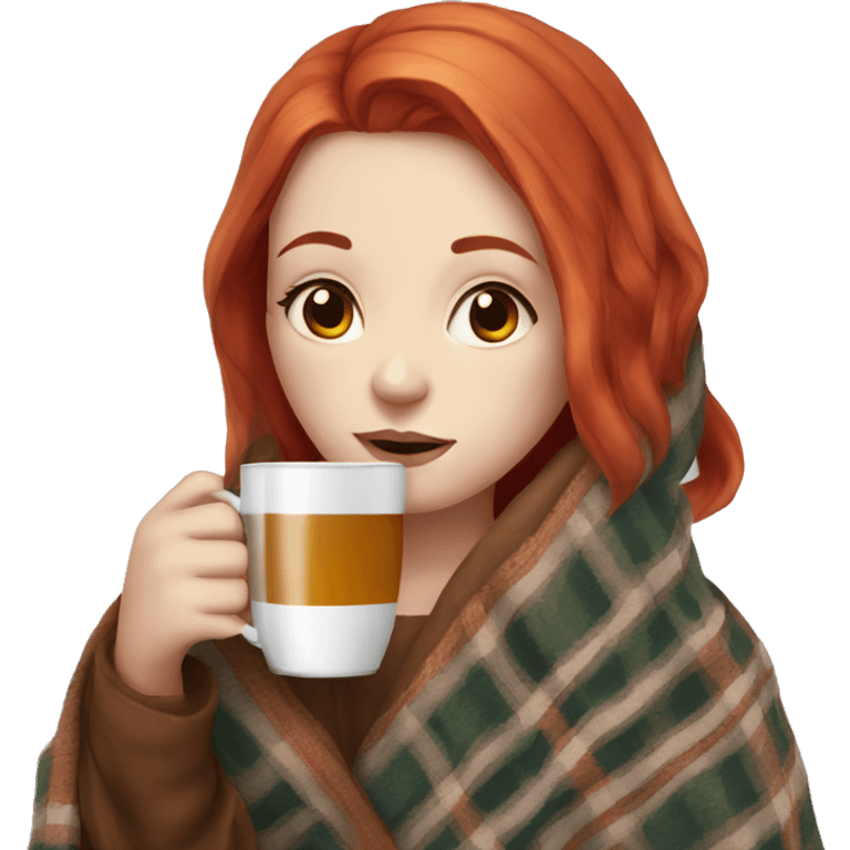 pale girl with red hair and wrapped in a plaid blanket and drinking tea emoji