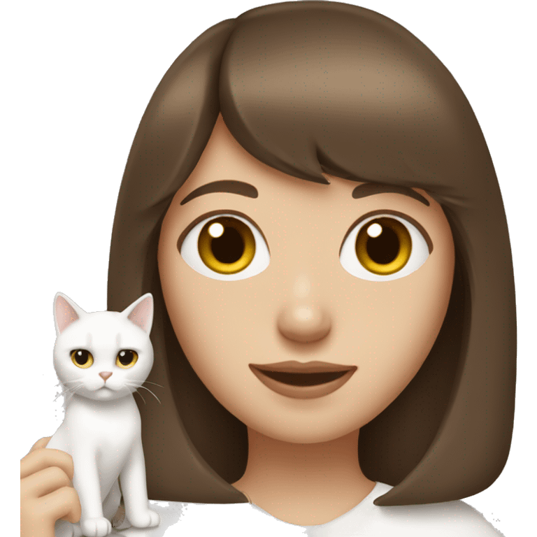 Brown haired girl with bangs holding an all white cat  emoji