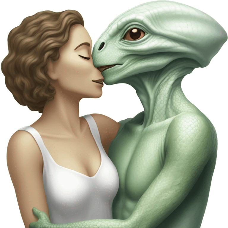 Alien reptilian woman in white dress hugs and kissing "white male human man" emoji