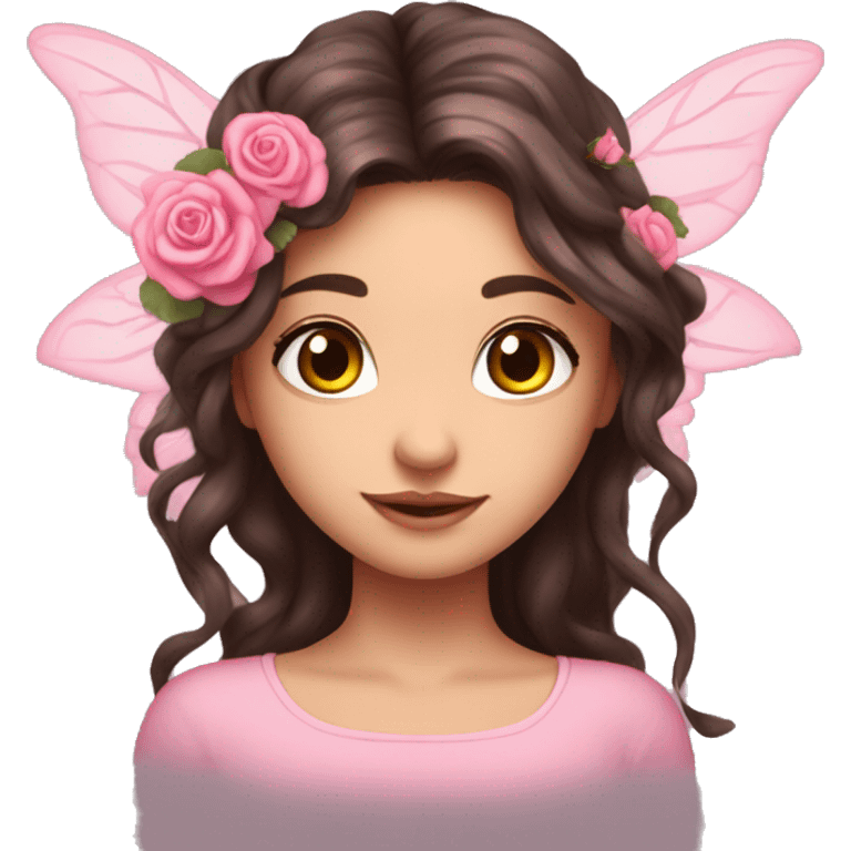 Beautiful, rose, fairy, pink, flowers in hair, long dark brown hair, big wings, fair skin emoji