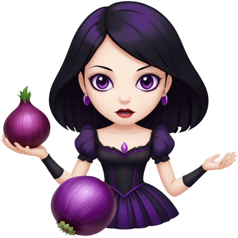 The vampire in black dress, black hair, brown eyes, holding a big violet onion  emoji