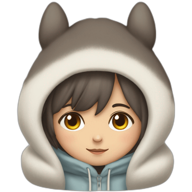 Fille Brune avec un sweat-capuche Totoro avec les couleurs de Totoro sur ventre  emoji