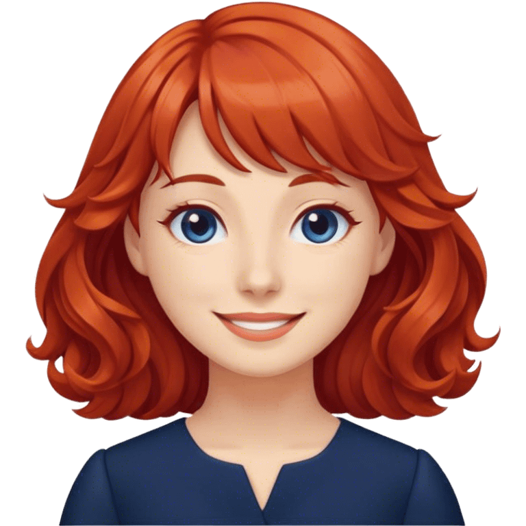 Woman with wavy red bangs dark blue work dress   emoji