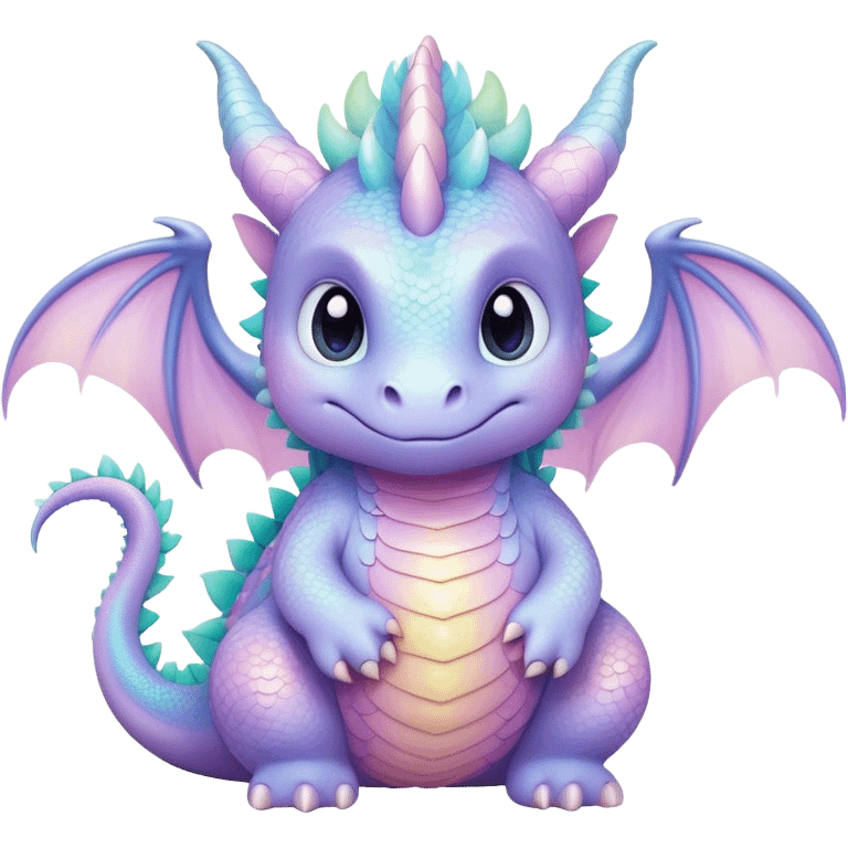 Cinematic fluffy pastel dragon, tiny round wings, chubby feet, sparkling gentle eyes, delicate glowing scales, soft colors blending magically, enchanting and whimsical. emoji