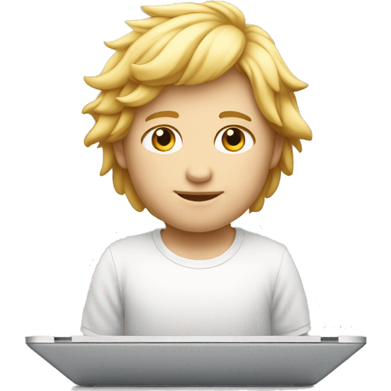 Niño de piel blanca pelo rubio y laptop marca apple emoji