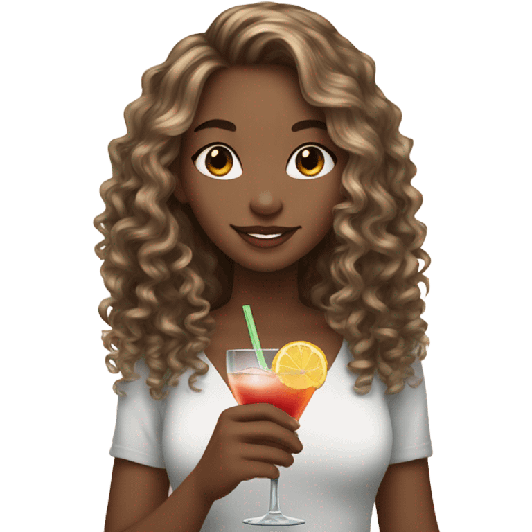 Beautiful girl with flowy Long curly brown hair with blonde highlights, white skin with a cocktail emoji