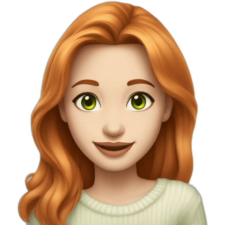 beautiful girl, white, with long loose wavy hair, orange hair,light green eyes, looks like Angelina Jolie, smiles at the camera, good teeth, white sweater, realistic drawing emoji