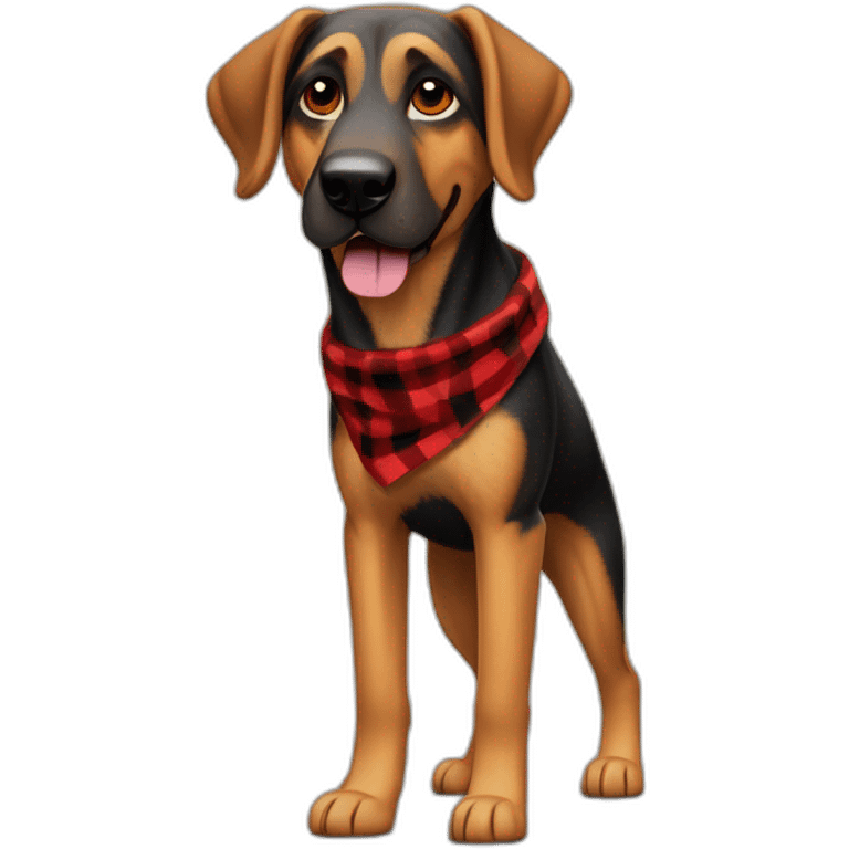 adult 75% Coonhound 25% German Shepherd mix dog with visible tail wearing small pointed red buffalo plaid bandana full body walking left quickly emoji