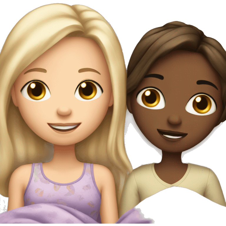 Blonde girl and brunette girl in bed at sleepover emoji