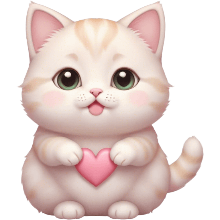 Cinematic chubby pastel kitten, big round eyes full of wonder, tiny paws reaching up, soft fluffy fur glowing in warm light, delicate heart-shaped nose, irresistibly cute and snuggly. emoji