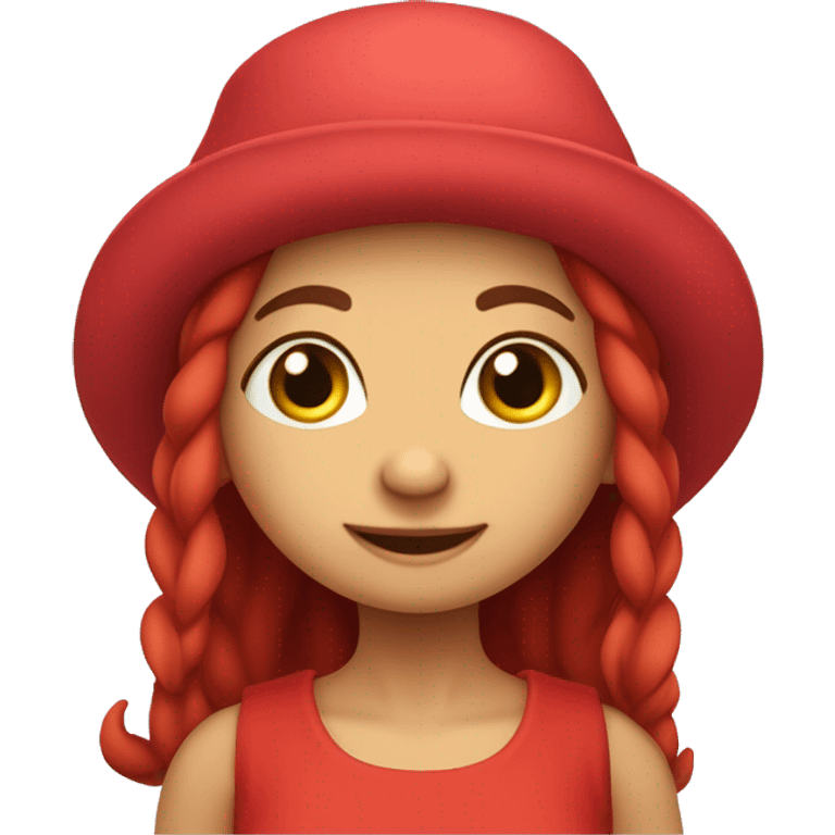 The girl character is a cute and funny troll, the logo is simple. The character has a hat on his head, big ears and pretty red eyes. Her hair is red, lush and round. She is wearing a Karelian sundress. emoji