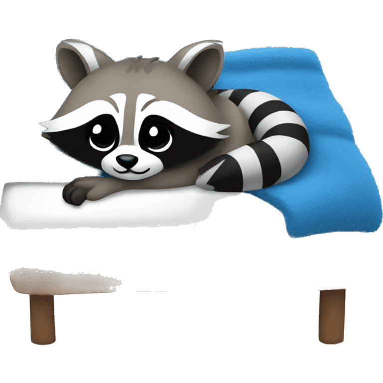 a raccoon laying in a white bed with a blue fuzzy blanket  emoji