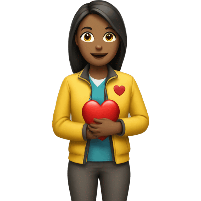 A female teacher in a yellow jacket holds a heart in her hands emoji