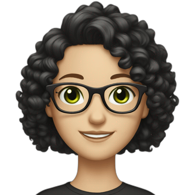 white girl with black long curly hair and green eyes smiling and big rectangle glasses emoji