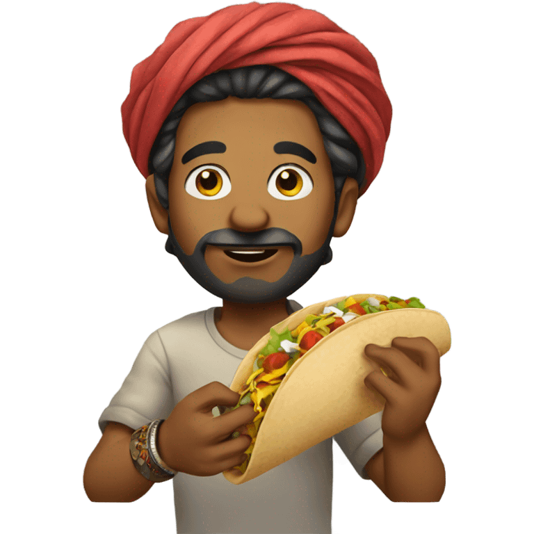 An Indian man with tattoos eating a taco emoji