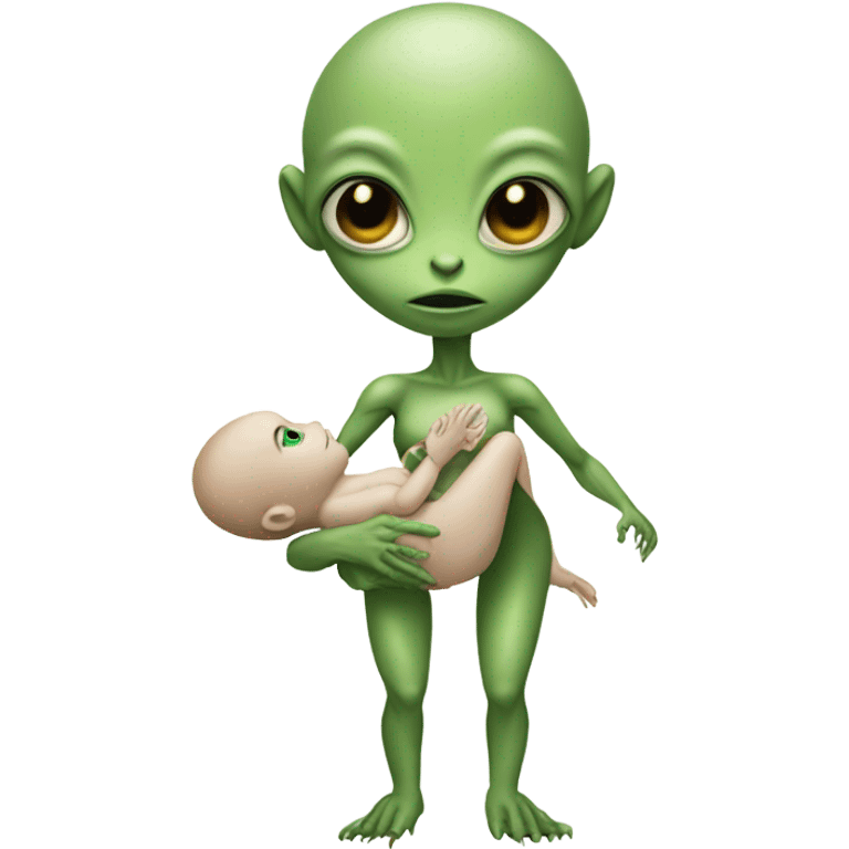  Reptilian alien woman , full body,  holds a newborn white "humman no alien baby" emoji