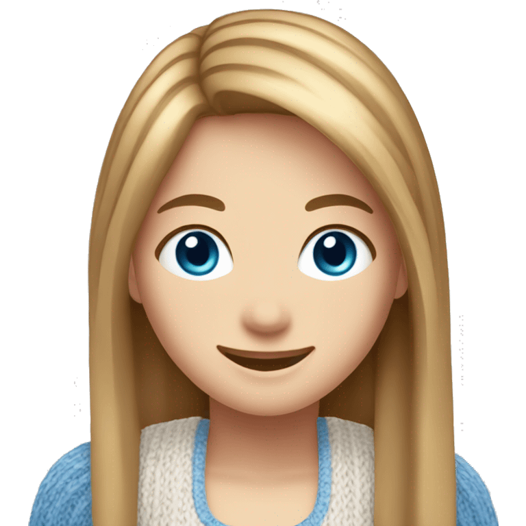  girl with long straight light-brown hair, blue eyes, wearing a white knitted top, ((cheerful, laugh)) emoji