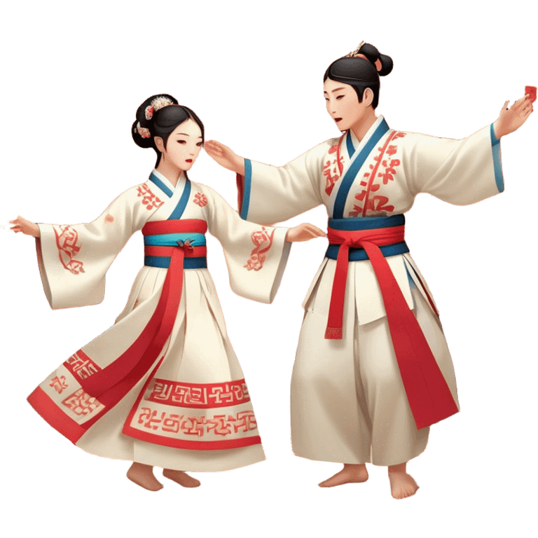 Cinematic Realistic scene of two performers engaging in Ganggangsullae, dressed in traditional Korean costumes with intricate patterns and graceful movements, illuminated by soft, festive lighting that accentuates the cultural ambiance emoji