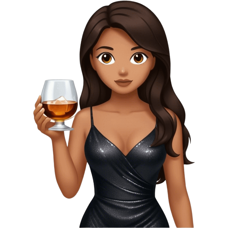 Beautiful woman in 1950’s woman fashion look, black shimmery dress, long dark brown hair, whisky with ice emoji