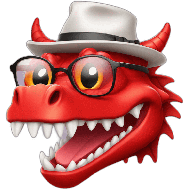 Crazy funny red dragon head with human white teeth and beautiful smile wearing glasses and hat emoji