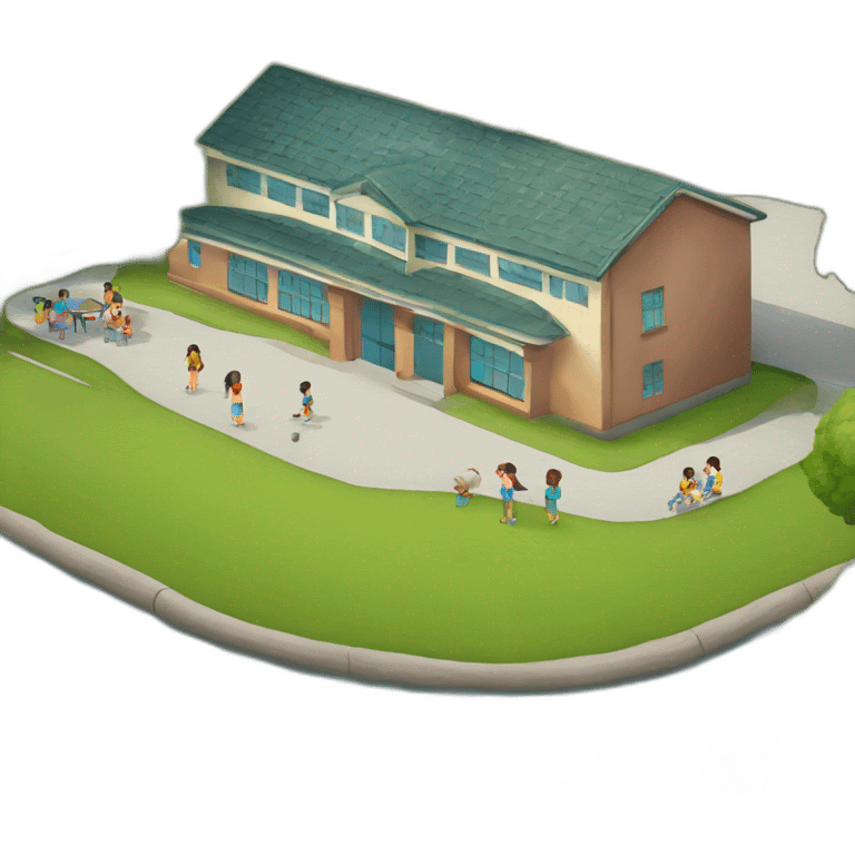 a small school with river in the back and children play in the playground emoji