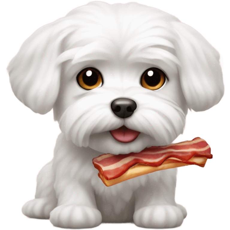 small white maltese holding a piece of bacon emoji