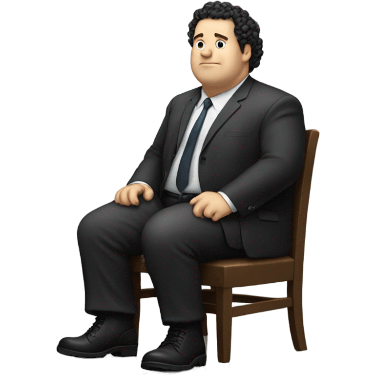 Make a white very fat guy sitting down wearing a suit and boots and he has curly black hair  emoji