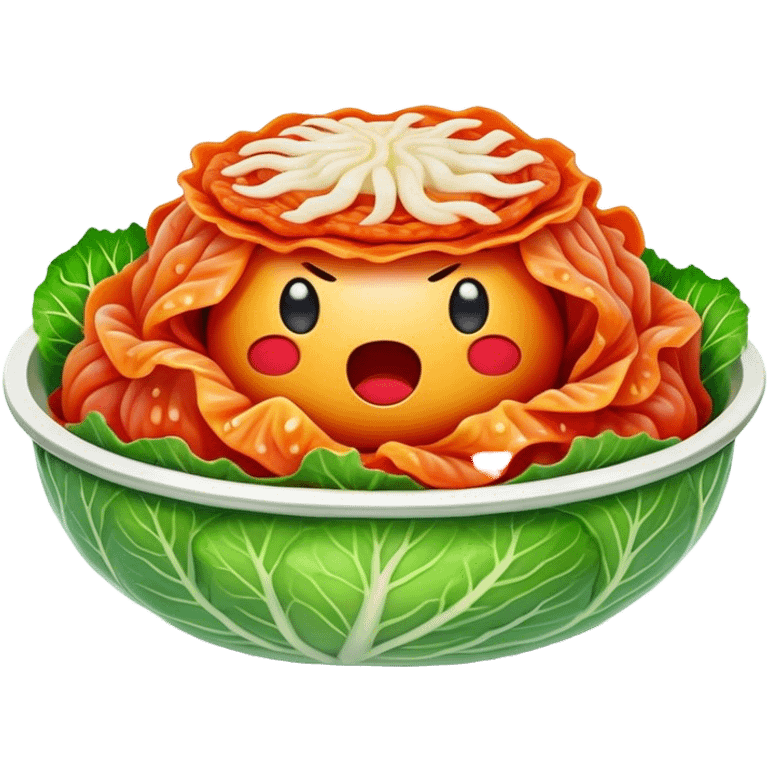 Cinematic Realistic Kimchi Dish Emoji, depicted as a vibrant fermented cabbage dish with a spicy kick rendered with detailed textures and dynamic, appetizing lighting. emoji