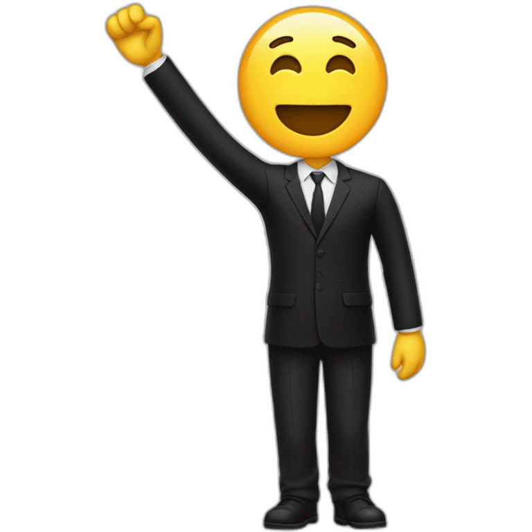 Person in black suit with right arm to the sky and other arm glued to the side of the body emoji