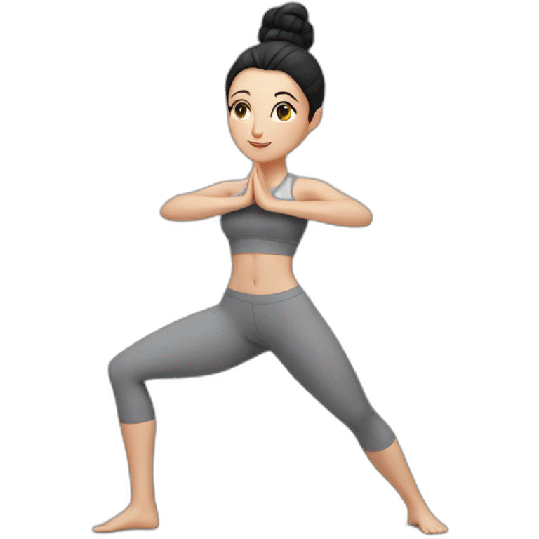 Pale skinned fit woman In a gray tight yoga suit and wristbands With black hair in a bun doing yoga emoji